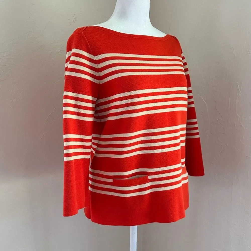 J. Crew Boatneck Popover Sweater in Orange Knit w/ Cream Stripes Pockets Size S